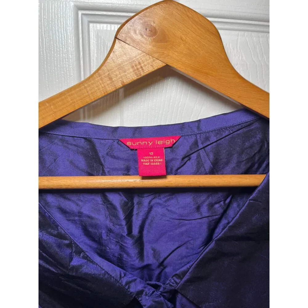 Sunny Leigh 100% Silk Purple Shimmer Blouse Women's Size 12 3/4 Sleeve